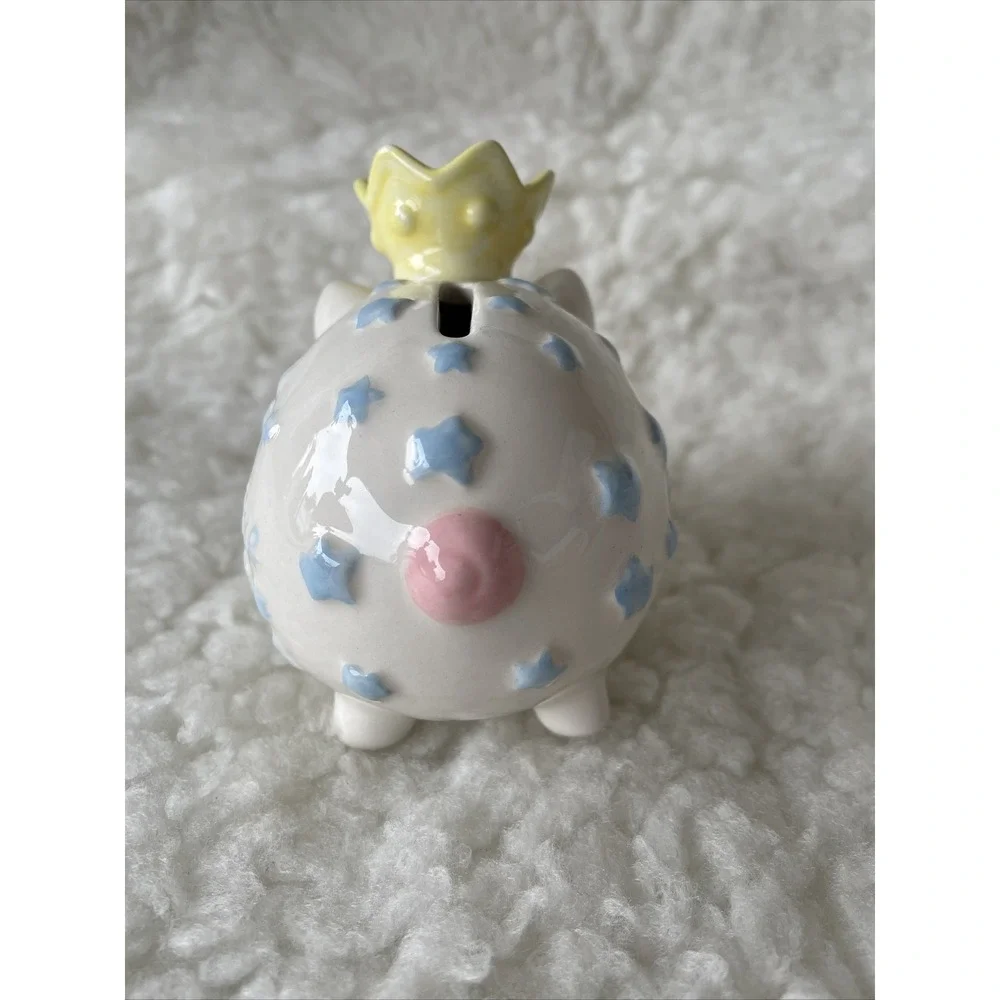 MUD PIE BABY LITTLE PIG PRINCE COIN BANK Blue White Pink With Yellow Crown!